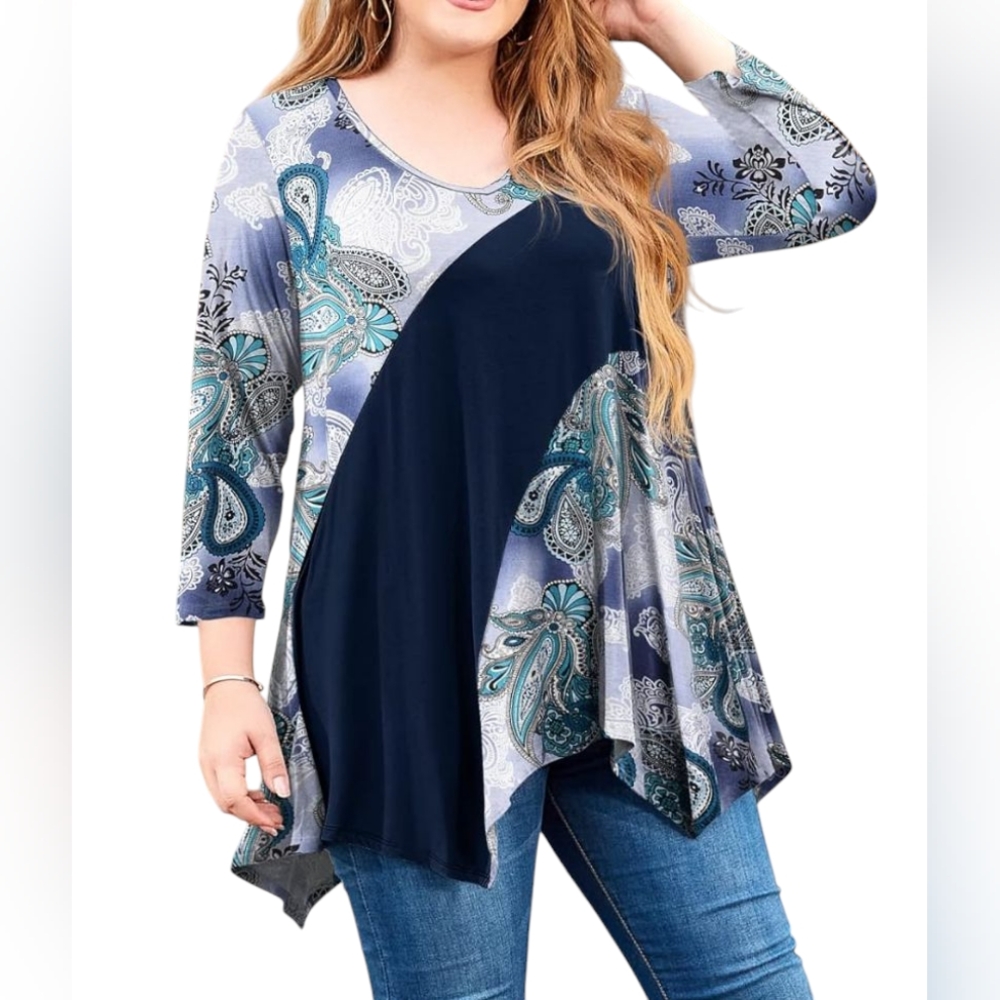 🆕 Women's PLUS SIZE Paisley Print 3/4 Sleeve Tunic Top